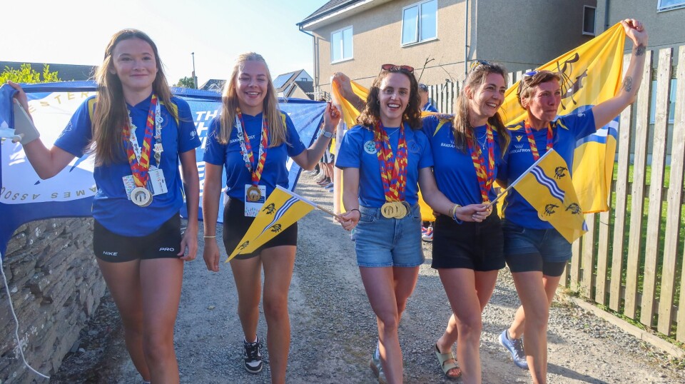 From left: Western Isles competitors Abbie Stewart, Ailyn Mackay, Kara Hanlon, Mhairi Hall and Muriel Macleod. Stewart won silver and bronze in the 1500m and 800m respectively, Mackay, Hall and Macleod won the team gold in the women’s half marathon, and Hanlon took four golds and a bronze in the pool.