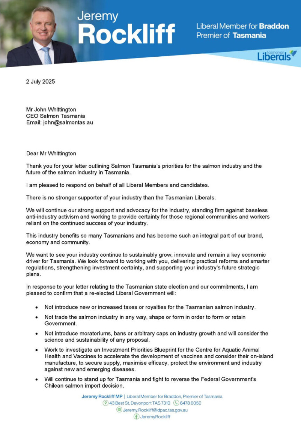 Part of the letter from Jeremy Rockliff dated July 2, 2025, in which he promises to 'not trade the salmon industry in any way, shape, or form in order to form or retain Government'. He has since promised a review of salmon farming operations in order to retain government.