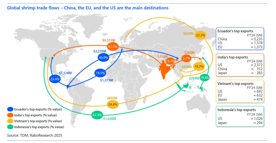 The US is the top market for shrimp from India, Vietnam, and Indonesia, but tariffs of up to 50% are expected to lead to a decline in consumption.