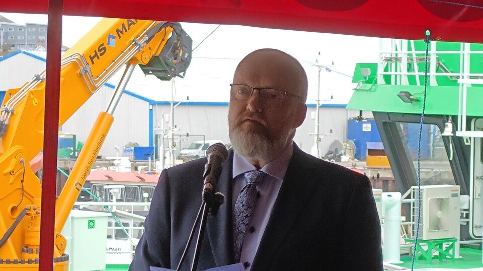 Nils Andreas Brekke, shipyard manager at Fitjar Mekaniske Verksted, gives a short speech before the naming.