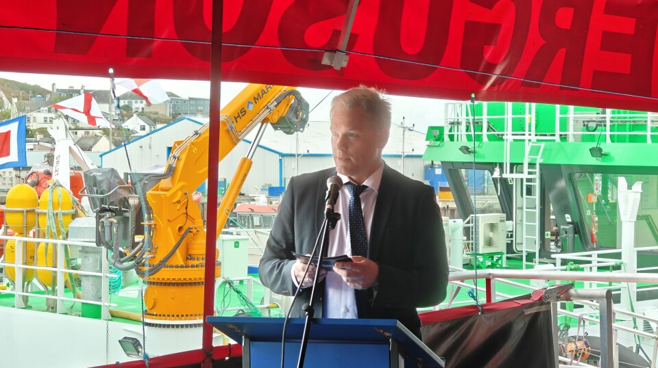 Arild Aasmyr, chief executive of Trident Aqua Services, gives a speech during the ceremony.