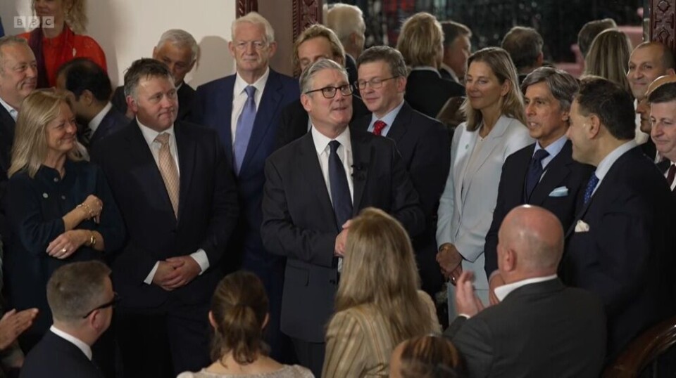 UK Prime Minister Keir Starmer, centre, addresses members of the trade delegation in India today. Scottish Secretary Douglas Alexander can be seen on the extreme right of the picture.
