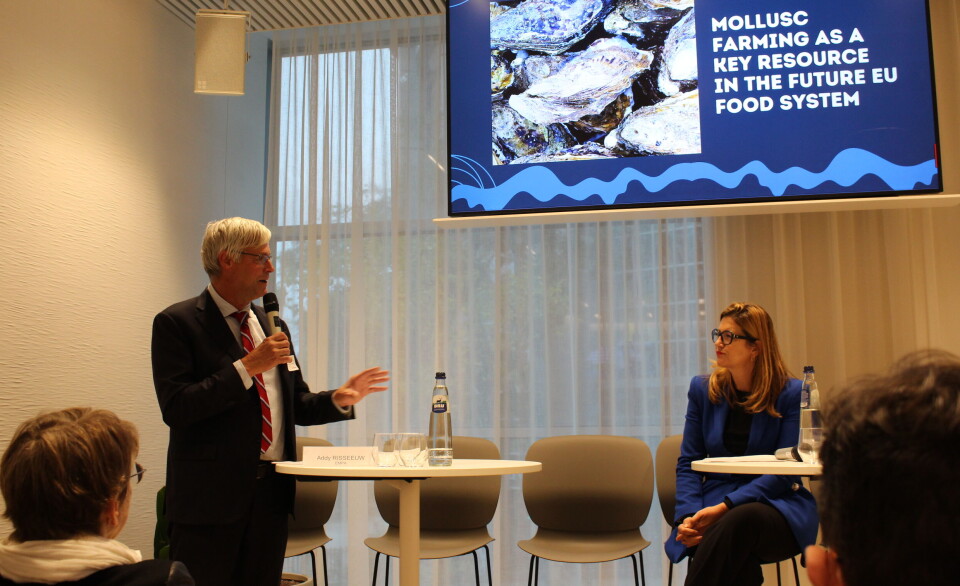 EMPA president Addy Risseeuw, left, and Stéphanie Yon-Courtin, vice-president of the European Parliament’s fisheries committee, at the event at the European Parliament in Brussels, Belgium.