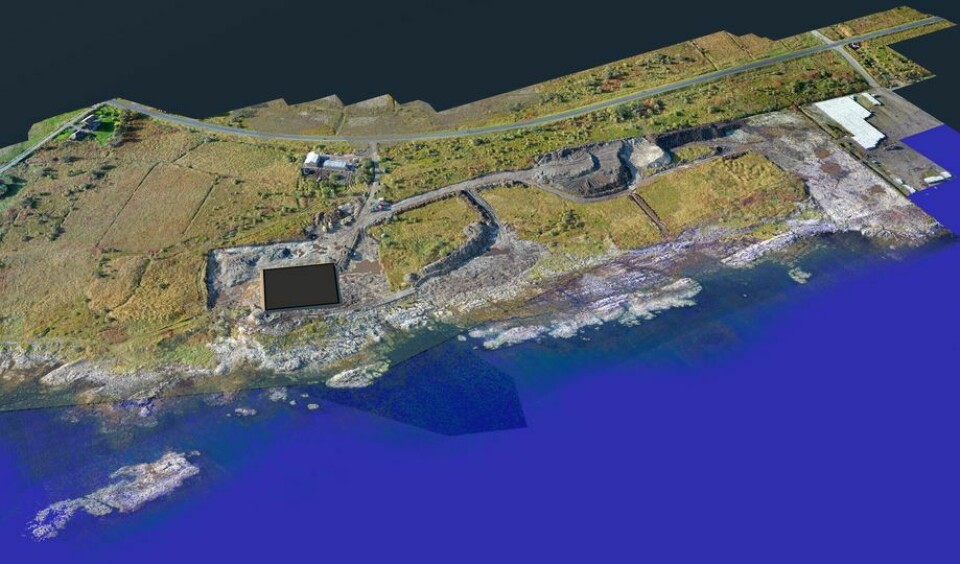Andfjord Salmon is in the process of building its first tank, and expects it to be ready in May. The picture is a drone / 3D modelling of the plant as it looks today. The black square is located where the pool should be. Photo: Andfjord Salmon.