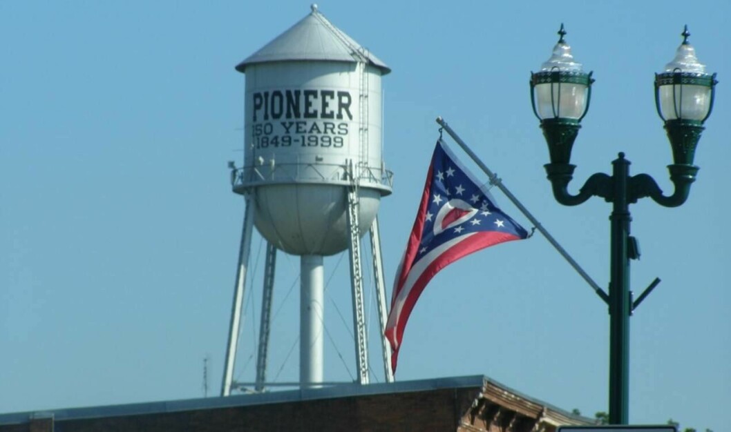 A water tower in the Ohio village of Pioneer, where AquaBounty will build a 10,000-tonnes-per-year GM salmon RAS. Photo: Village of Pioneer website.