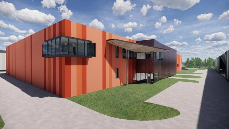 The fish processing building will be placed in the middle of the campus and will have “salmon colour” cladding. Image: Nordic Aquafarms.