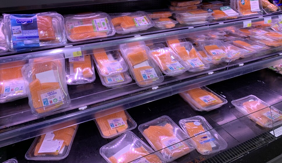 A fish counter in France with lots of pre-packaged salmon. Norway's salmon export earnings hit a new high last month.