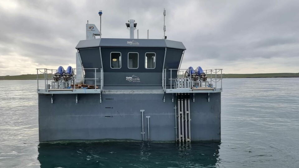 The new hybrid barge on station at Cooke's Mill Bay site, Orkney. Photo: Cooke Aquaculture Scotland.
