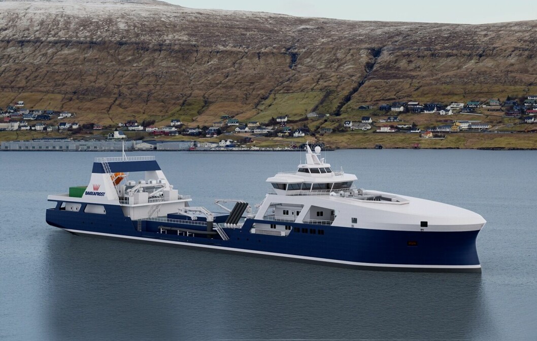 An image of Bakkafrost's new wellboat, which will be built in Turkey. Image: Bakkafrost/Knud E. Hansen (ship design).