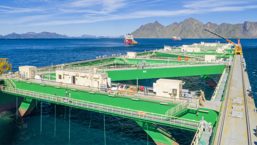 The Havfarm being towed to the Ytre Hadseløya site. It has since been stocked with 2.6 million fish. Photo: Nordlaks. The Havfarm being towed to the Ytre Hadseløya site. It has since been stocked with 2.6 million fish. Photo: Nordlaks.
