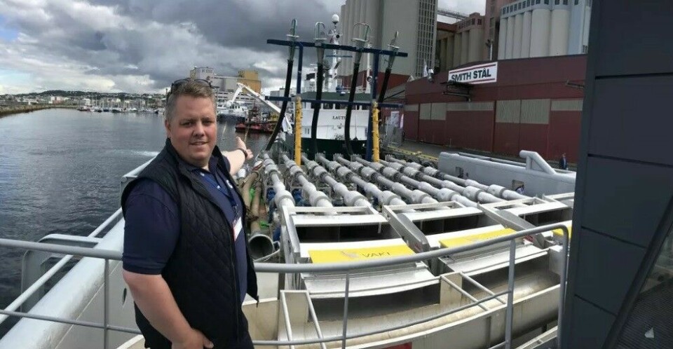 Flasnes is enjoying his work on board the Hydrolicers, where he has now worked for three years. He is pctured here during the Aqua Nor trade fair last year, on the world's largest Hydrolicer unit MS Steyer, operated by Aqua Pharma. Photo: Hydrolicer. Click for larger image.