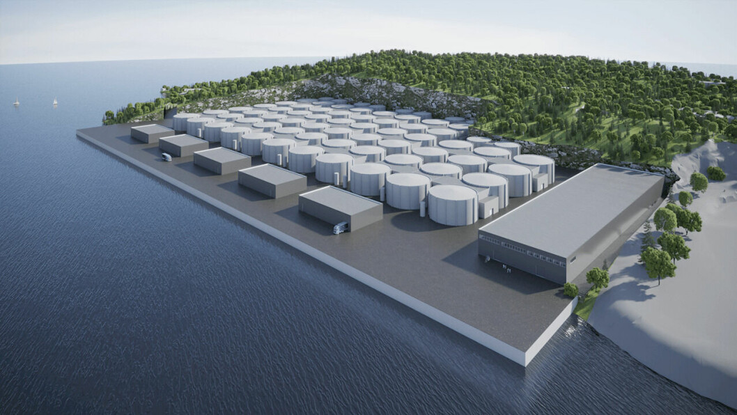 An illustration of how Salfjord's RAS/flowthrough on-land salmon farm will look. The developers plan to produce 43,500 tonnes (36,500 HOG) of Atlantic salmon annually. Image: Salfjord / ABB.