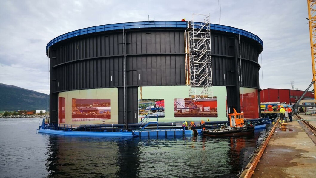 The Aquatraz is scheduled to leave the shipyard and be towed to a fish farm within the next few days. Photo: Seafarming Systems The Aquatraz is scheduled to leave the shipyard and be towed to a fish farm within the next few days. Photo: Seafarming Systems