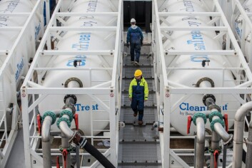 A Benchmark CleanTreat system aboard a specially-adapted vessel. The system removes treatment residues and lice and egg strings from bath treatment water used on wellboats. A Benchmark CleanTreat system aboard a specially-adapted vessel. The system removes treatment residues and lice and egg strings from bath treatment water used on wellboats.