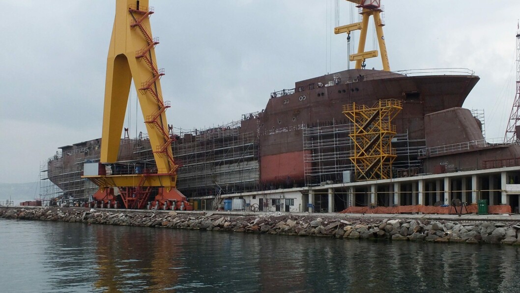 Work is progressing on schedule on the Ronja Storm, the world's biggest wellboat. Photo: Geir Johan Bakke. Work is progressing on schedule on the Ronja Storm, the world's biggest wellboat. Photo: Geir Johan Bakke.