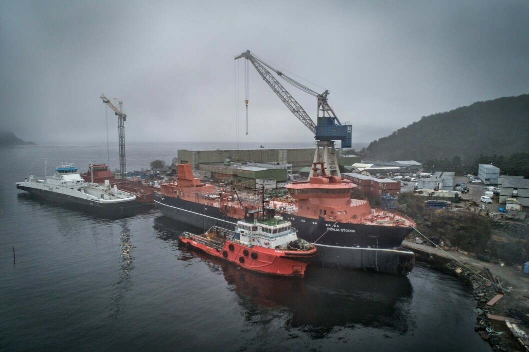 The hull of the Ronja Storm has arrived at the Havyard yard in Leirvik for fitting out as the world's biggest wellboat. Photo: David Zadig.